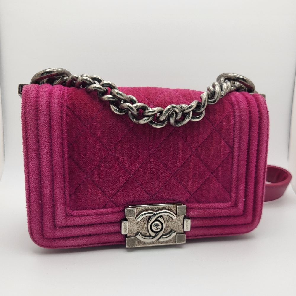 CHANEL Velvet Quilted Mini Boy Bag in Fuchsia